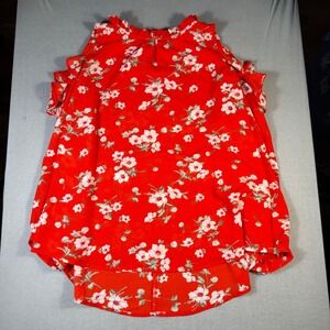 Umgee USA Red Floral Cold Shoulder Ruffle Mock Neck‎ Blouse Top Large boho
